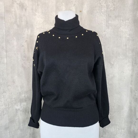 David Meister Sweaters - Vintage 80s Meister Womens M Black Knit Turtleneck Sweater Brass Studded Detail